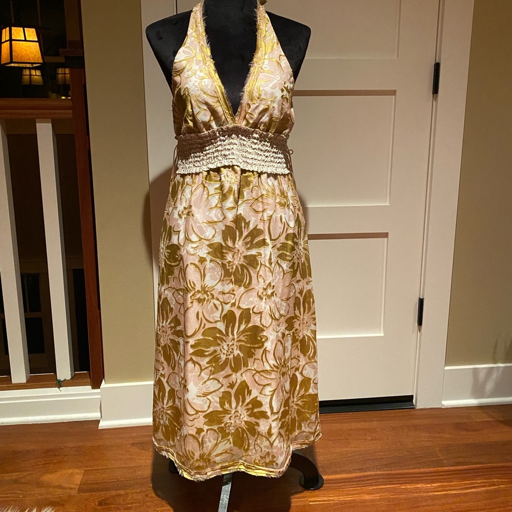 NWOT Vintage Poleci Silk Midi V-Neck Halter Dress Size 8